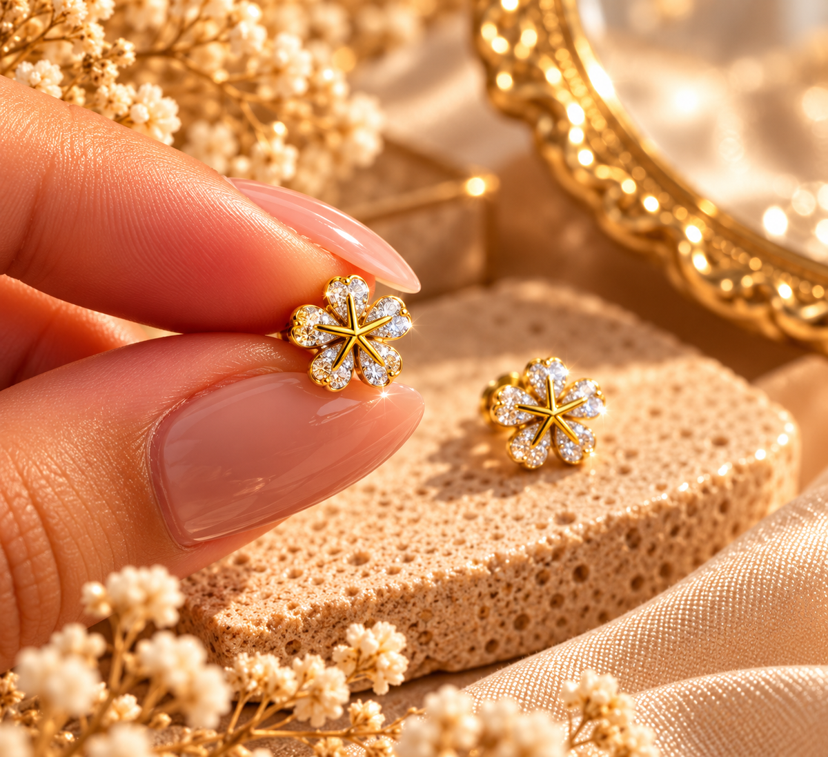 Golden Diamond Flower Earrings