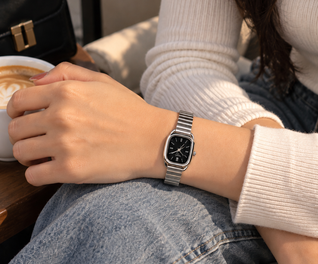 Vintage Silver-Tone Black Watch