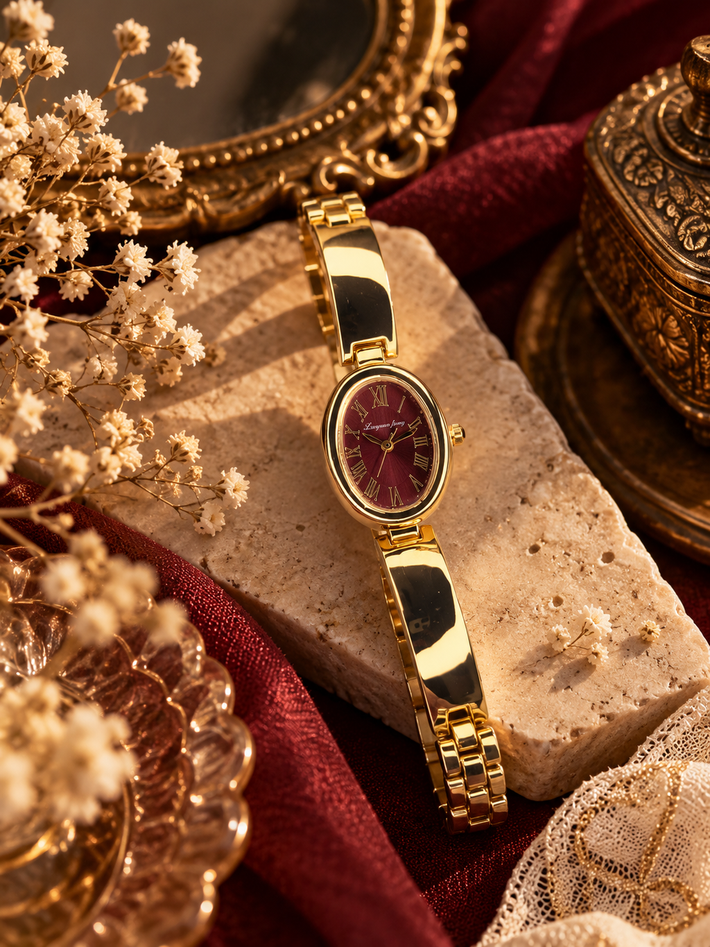 Gold Vintage Watch on Burgundy Vanity 0005