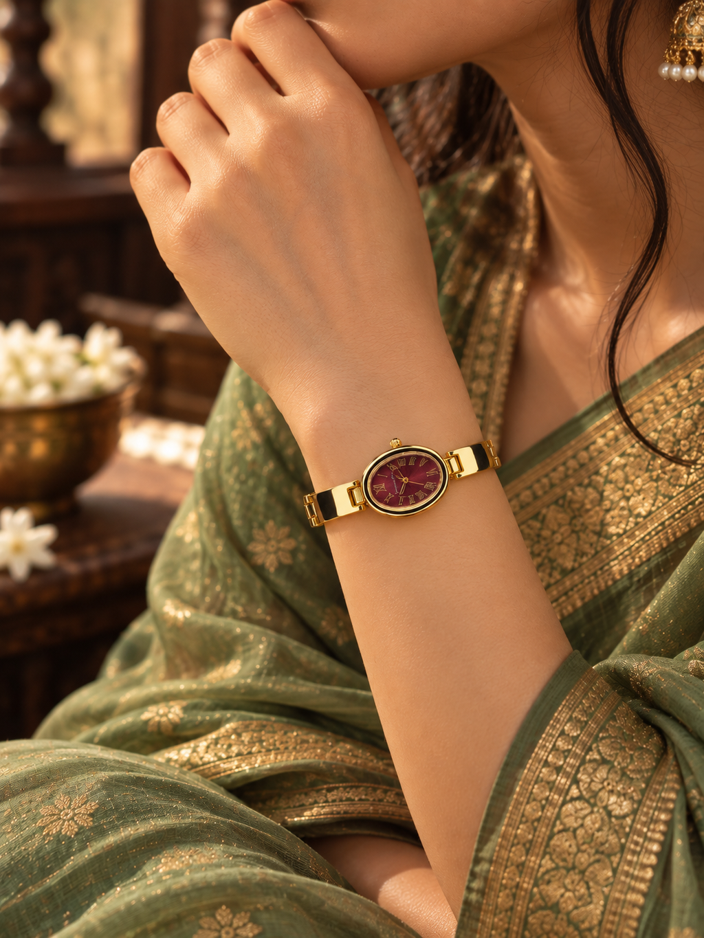Gold Vintage Watch on Burgundy Vanity 0005