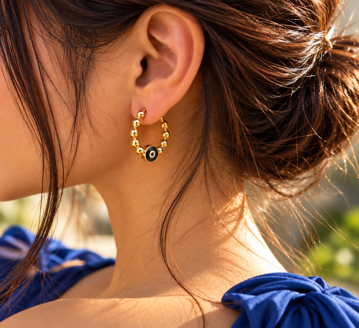 Golden Beaded Charm Hoop Earrings