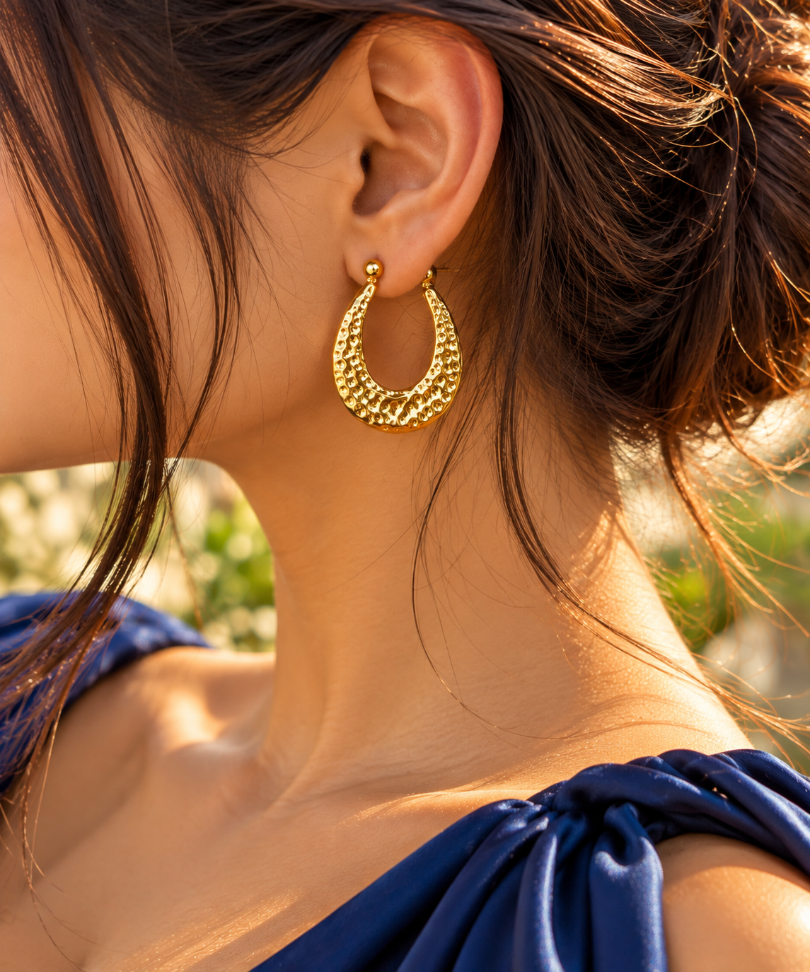 Golden Textured Teardrop Hoop Earrings